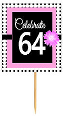 64th Happy Birthday Black Polka Dot Novelty Cupcake Decoration Topper Picks -12ct