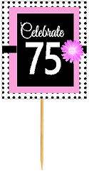 75th Happy Birthday Black Polka Dot Novelty Cupcake Decoration Topper Picks -12ct