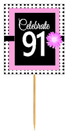 91st Happy Birthday Black Polka Dot Novelty Cupcake Decoration Topper Picks -12ct