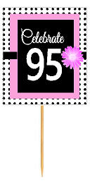 95th Happy Birthday Black Polka Dot Novelty Cupcake Decoration Topper Picks -12ct