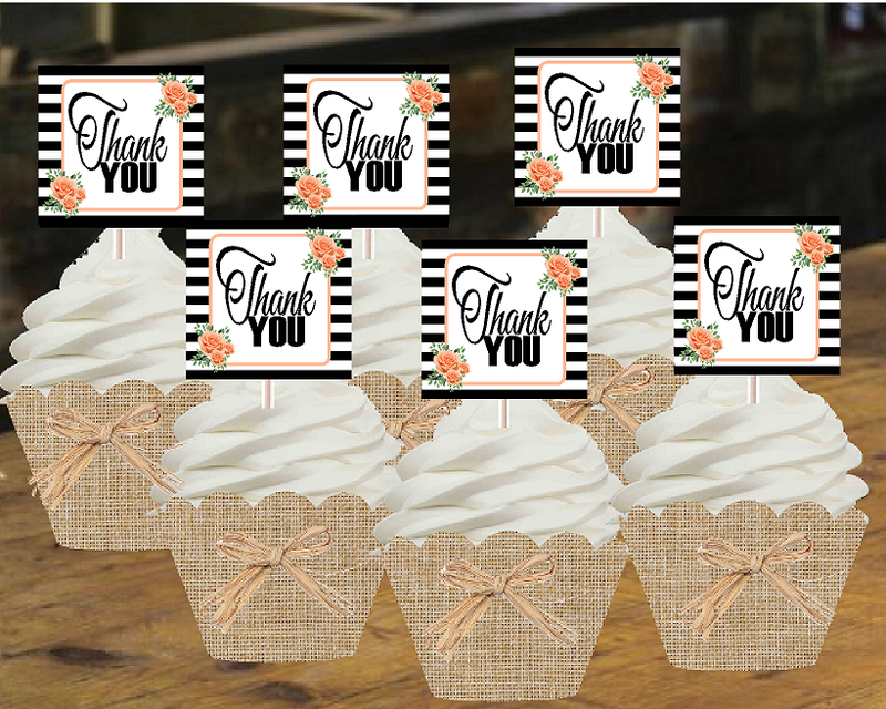 Thank You Black and White Peach Floral Cupcake Toppers Desert Picks -12ct
