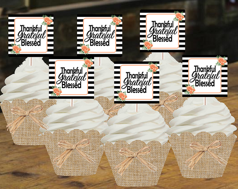 Thankful Grateful Blessed Black and White Peach Floral Cupcake Toppers Desert Picks -12ct