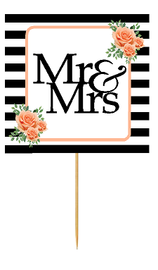 Mr and Mrs Black and White Peach Floral Cupcake Toppers Desert Picks -12ct