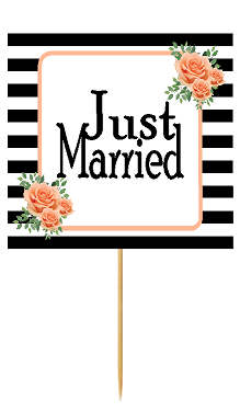 Just Married Black and White Peach Floral Cupcake Toppers Desert Picks -12ct