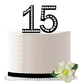 15th Birthday - Anniversary Rhinestone Bling Sparkle Cake Decoration Topper -Black