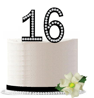 16th Birthday - Anniversary Rhinestone Bling Sparkle Cake Decoration Topper -Black