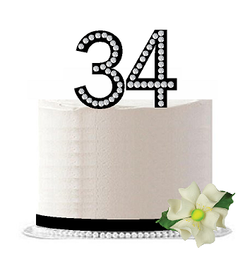 34th Birthday - Anniversary Rhinestone Bling Sparkle Cake Decoration Topper -Black
