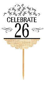 26th Birthday - Anniversary Novelty Burlap Cupcake Decoration Picks -12pack