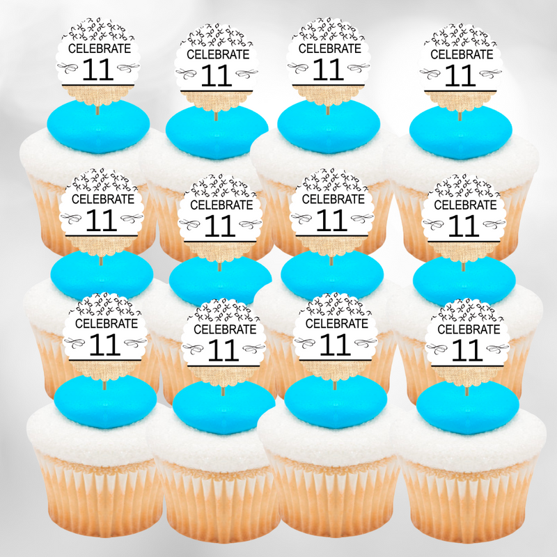 11th Birthday - Anniversary Novelty Burlap Cupcake Decoration Picks -12pack