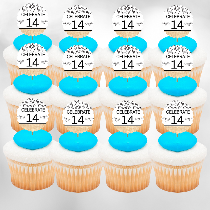14th Birthday - Anniversary Novelty Burlap Cupcake Decoration Picks -12pack