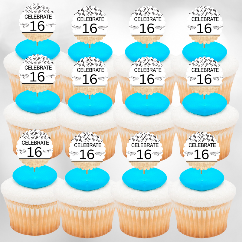 16th Birthday - Anniversary Novelty Burlap Cupcake Decoration Picks -12pack
