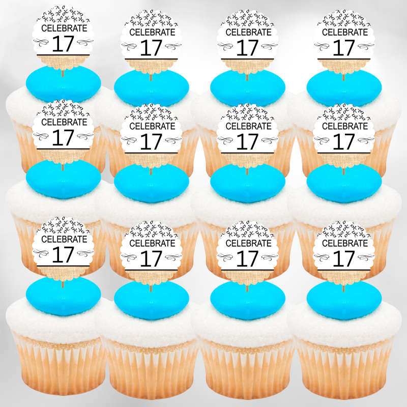 17th Birthday - Anniversary Novelty Burlap Cupcake Decoration Picks -12pack