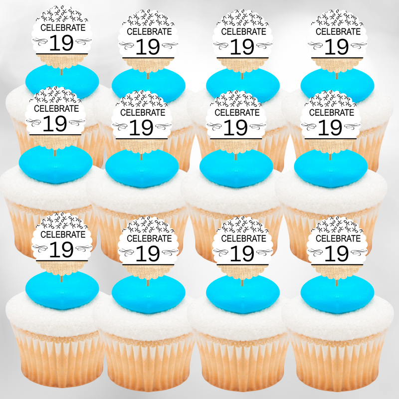 19th Birthday - Anniversary Novelty Burlap Cupcake Decoration Picks -12pack