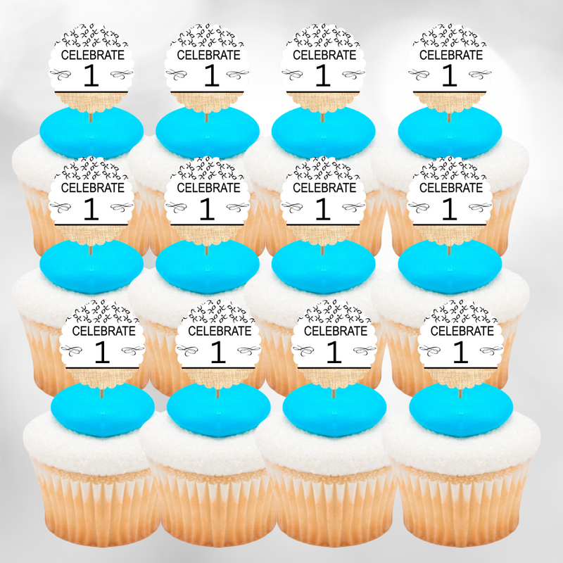 1st Birthday - Anniversary Novelty Burlap Cupcake Food Decoration Picks -12pack