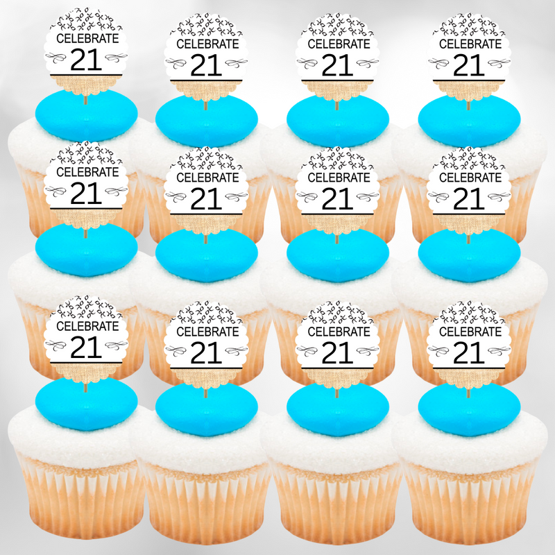 21st Birthday - Anniversary Novelty Burlap Cupcake Decoration Picks -12pack