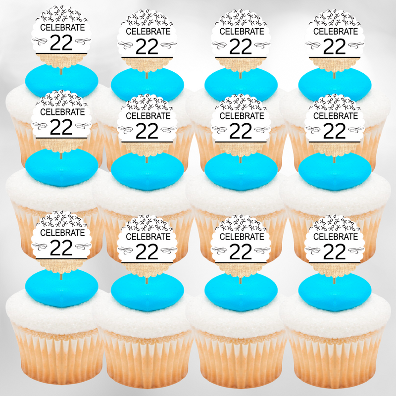 22nd Birthday - Anniversary Novelty Burlap Cupcake Decoration Picks -12pack