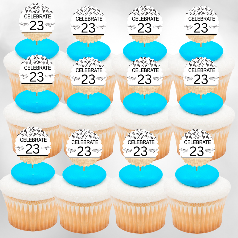 23rd Birthday - Anniversary Novelty Burlap Cupcake Decoration Picks -12pack