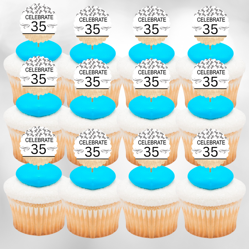 35th Birthday - Anniversary Novelty Burlap Cupcake Decoration Picks -12pack