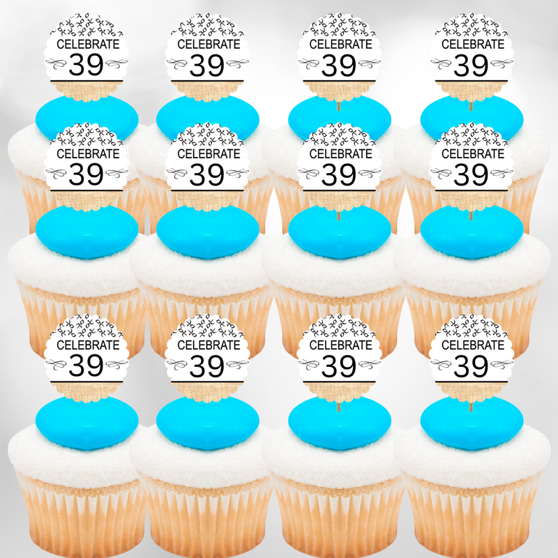 39th Birthday - Anniversary Novelty Burlap Cupcake Decoration Picks -12pack