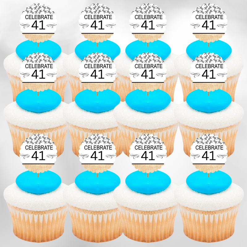 41st Birthday - Anniversary Novelty Burlap Cupcake Decoration Picks -12pack