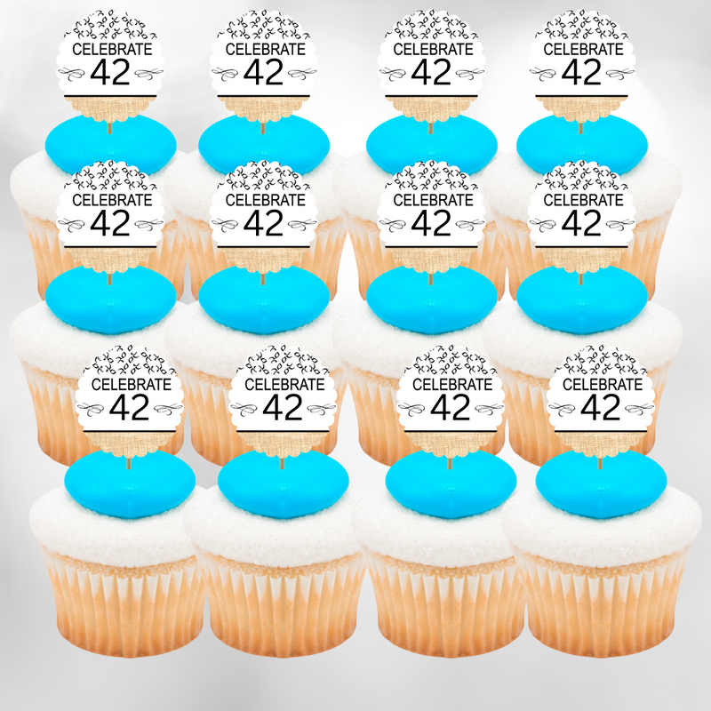 42nd Birthday - Anniversary Novelty Burlap Cupcake Decoration Picks -12pack