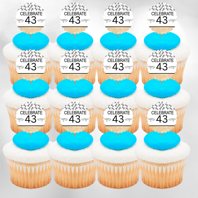 43rd Birthday - Anniversary Novelty Burlap Cupcake Decoration Picks -12pack