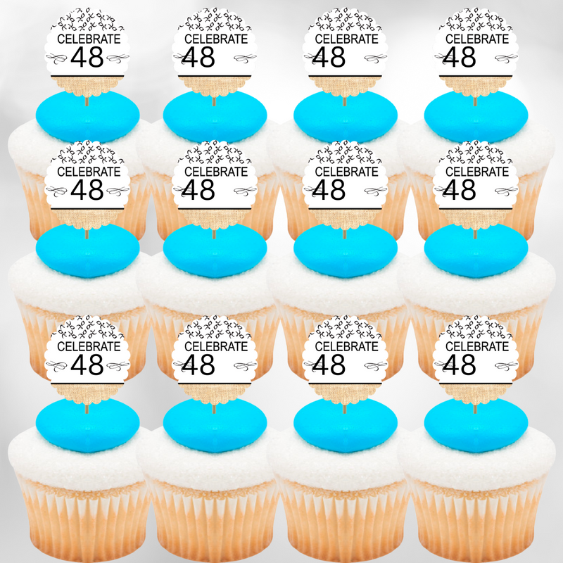 48th Birthday - Anniversary Novelty Burlap Cupcake Decoration Picks -12pack