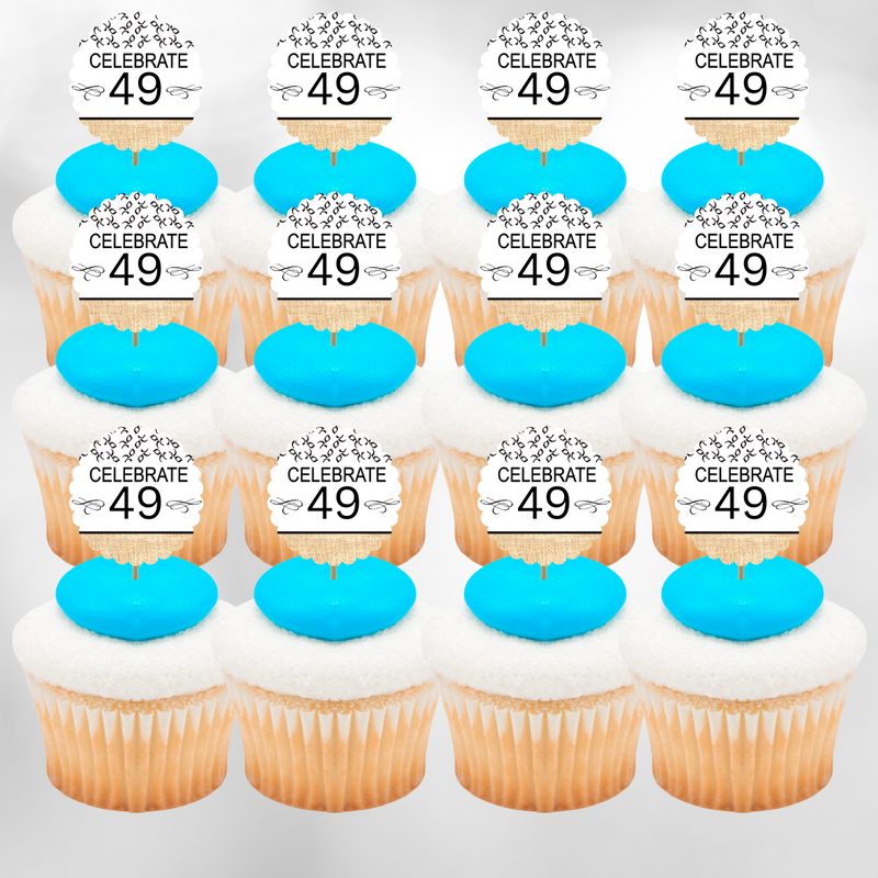 49th Birthday - Anniversary Novelty Burlap Cupcake Decoration Picks -12pack