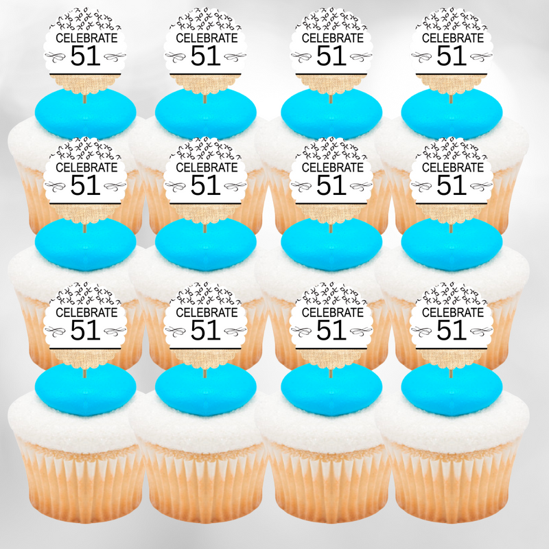 51st Birthday - Anniversary Novelty Burlap Cupcake Decoration Picks -12pack