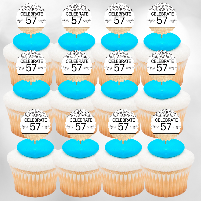 57th Birthday - Anniversary Novelty Burlap Cupcake Decoration Picks -12pack
