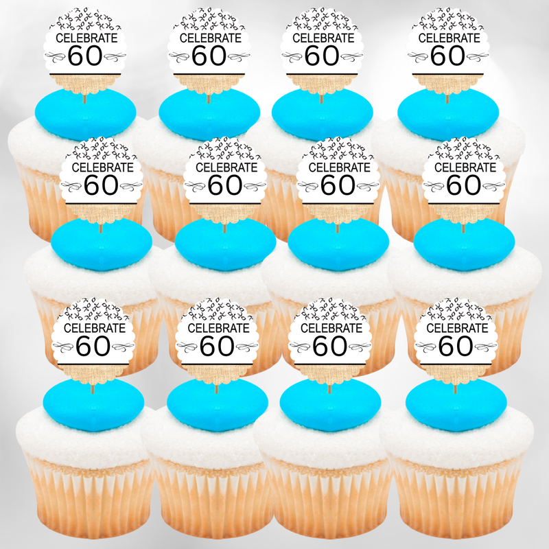 60th Birthday - Anniversary Novelty Burlap Cupcake Decoration Picks -12pack