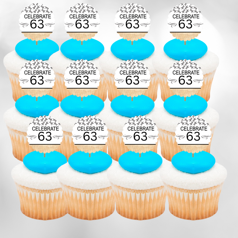 63rd Birthday - Anniversary Novelty Burlap Cupcake Decoration Picks -12pack
