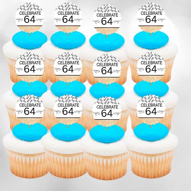 64th Birthday - Anniversary Novelty Burlap Cupcake Decoration Picks -12pack