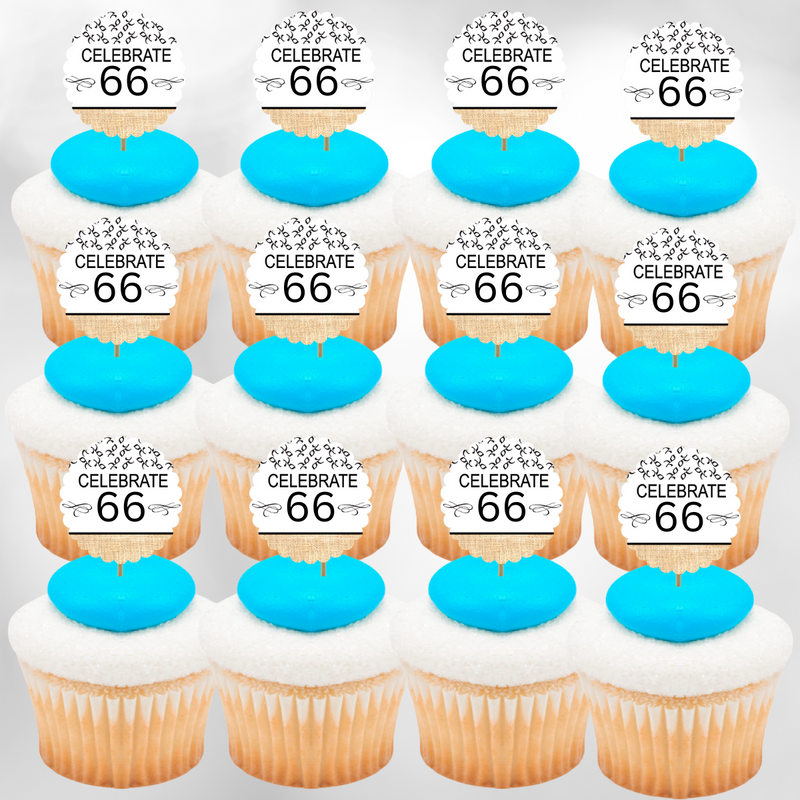 66th Birthday - Anniversary Novelty Burlap Cupcake Decoration Picks -12pack