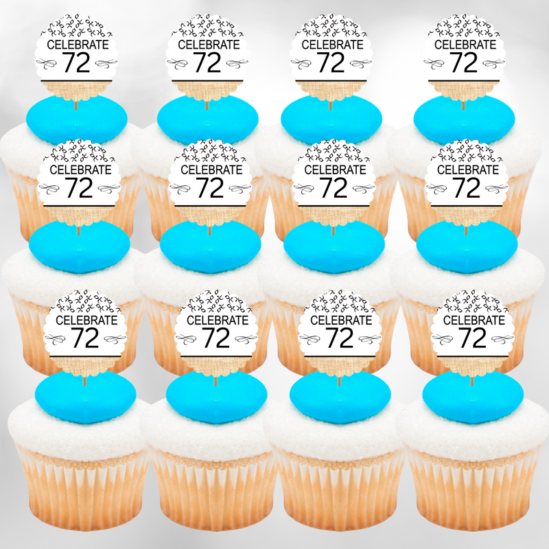 72nd Birthday - Anniversary Novelty Burlap Cupcake Decoration Picks -12pack