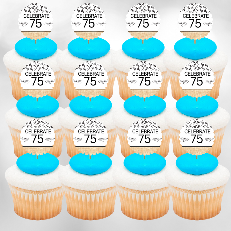 75th Birthday - Anniversary Novelty Burlap Cupcake Decoration Picks -12pack