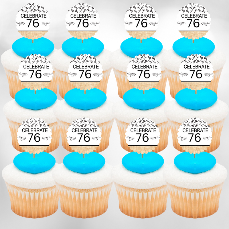 76th Birthday - Anniversary Novelty Burlap Cupcake Decoration Picks -12pack