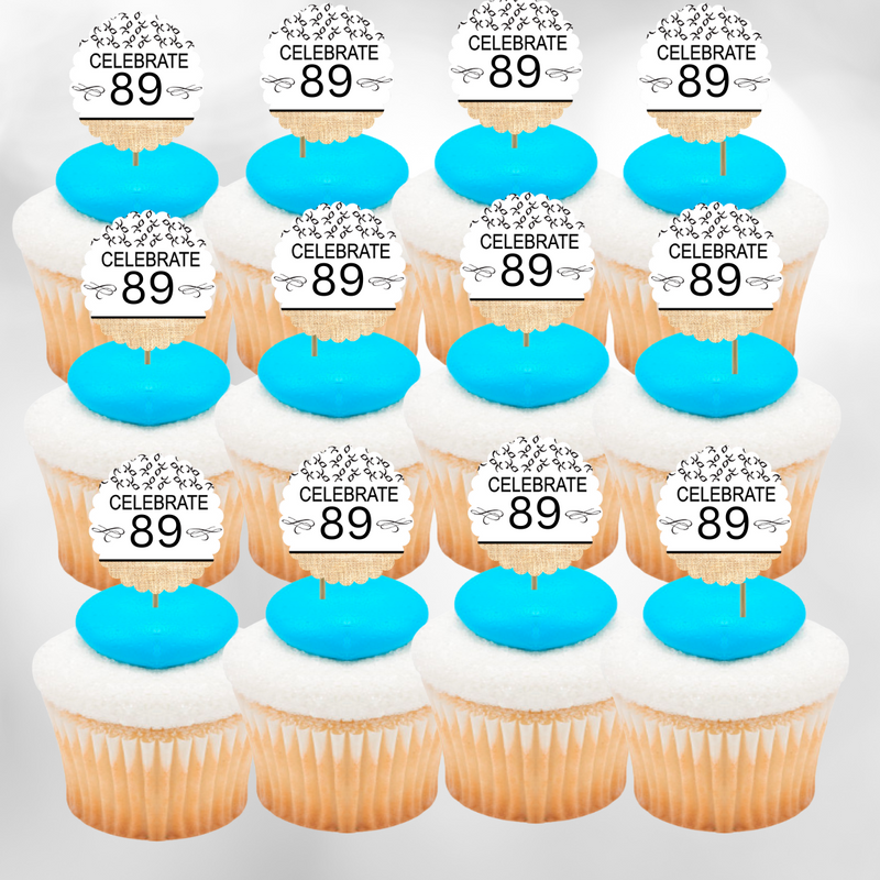 89th Birthday - Anniversary Novelty Burlap Cupcake Decoration Picks -12pack