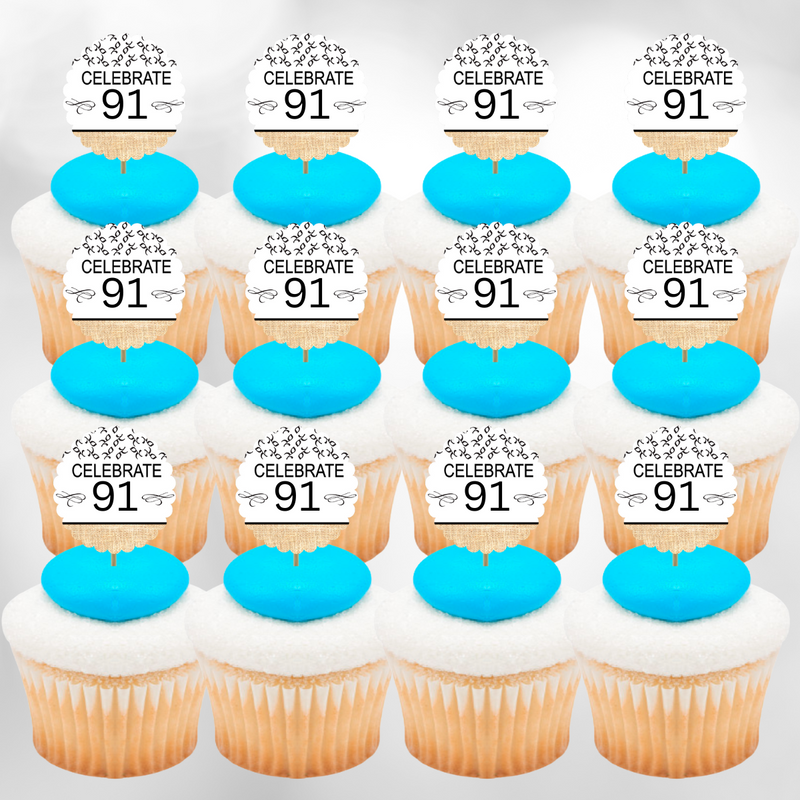 91st Birthday - Anniversary Novelty Burlap Cupcake Decoration Picks -12pack