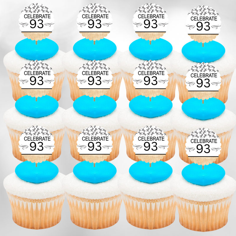 93rd Birthday - Anniversary Novelty Burlap Cupcake Decoration Picks -12pack