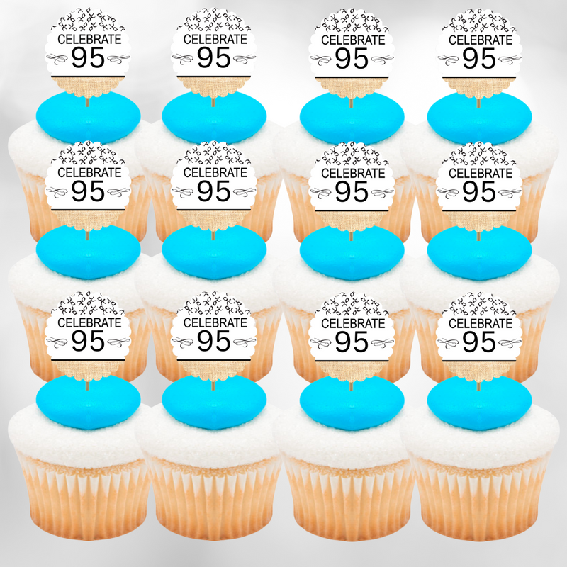 95th Birthday - Anniversary Novelty Burlap Cupcake Decoration Picks -12pack