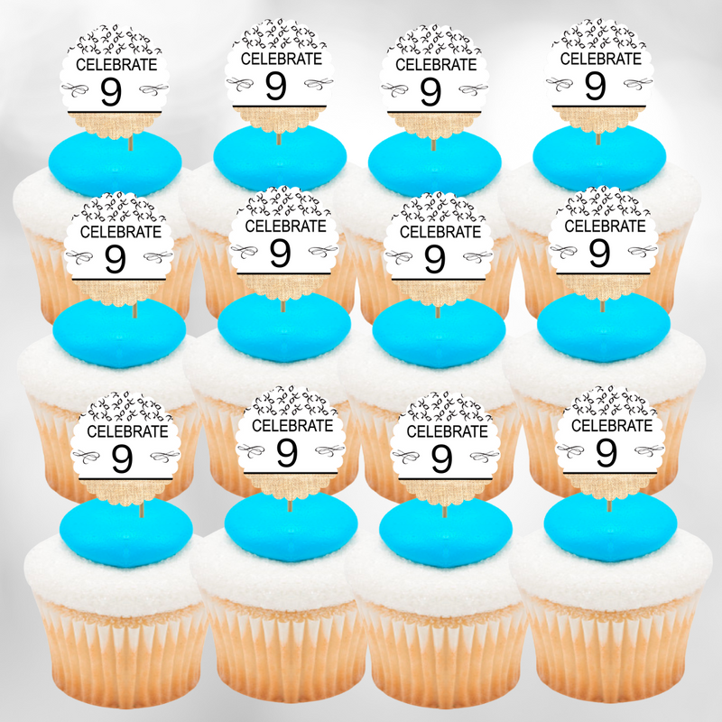 9th Birthday - Anniversary Novelty Burlap Cupcake Decoration Picks -12pack