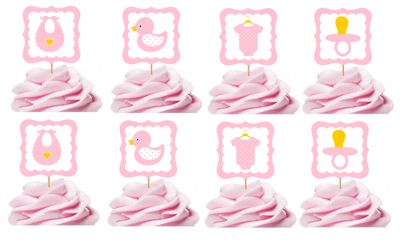 Pink Baby Duck Onesie Bib Pacifier Cupcake Food Appetizer Decoration Topper Picks -12pack