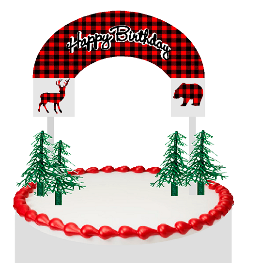 Lumberjack Buffallo Red & Black Plaid Happy Birthday Cake Decoration Banner Cake Topper