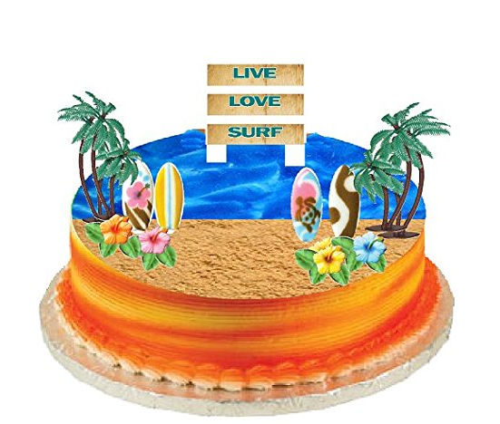 Surf Cake Topper with Edible Sugar Surfboards, Edible Sugar Hibiscus Flowers, Palm Trees and Surf Live Love Surf Sign