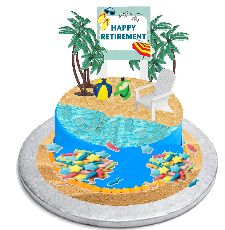 CakeSupplyShop Happy Retirement Cake Topper with Adirondack Chair, Beach Bucket, Palm Trees and Retirement Sign