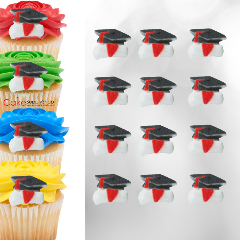 Mini Graduation Cap and Scroll Edible Dessert Toppers Cake Cupcake Sugar Icing Decorations  -12ct