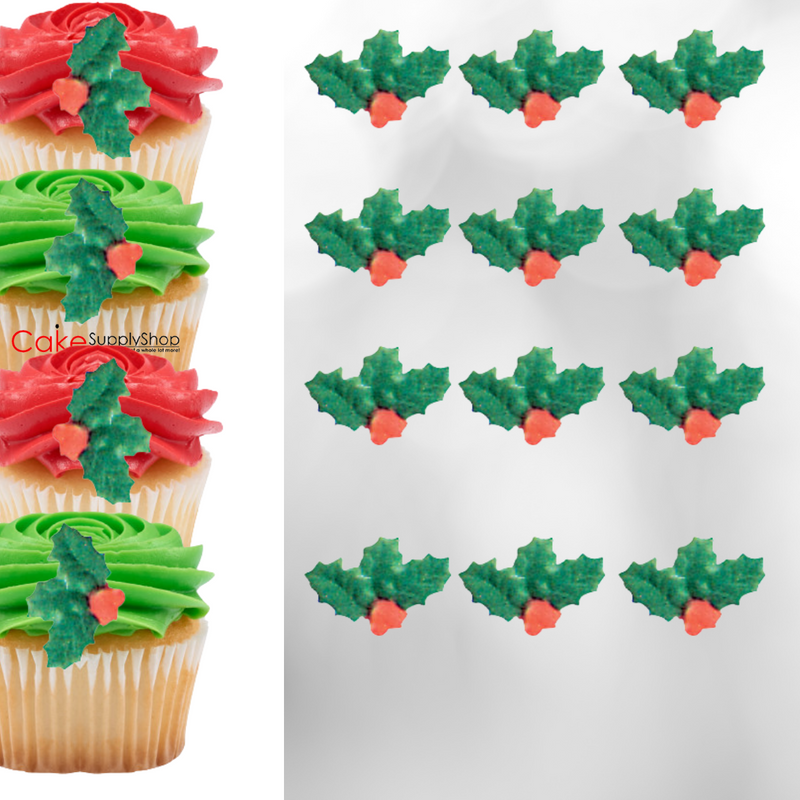 Christmas Holly Berry Edible Dessert Toppers Cake Cupcake Sugar Icing Decorations -12ct