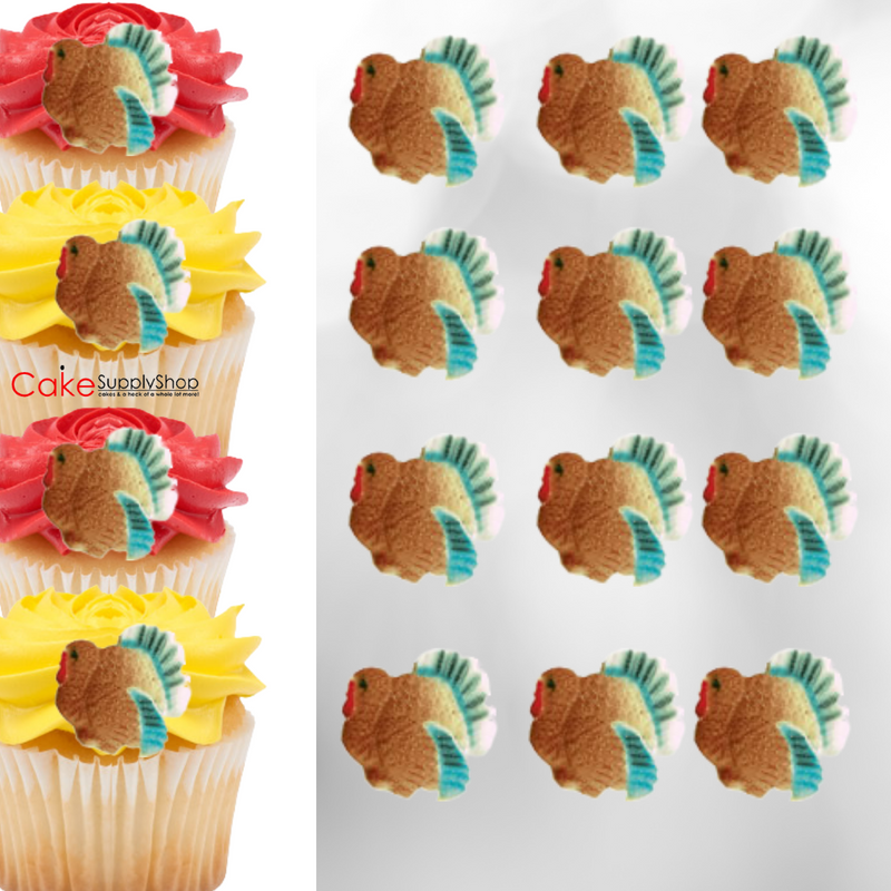 Turkey and Cornucopia Edible Dessert Toppers Cake Cupcake Sugar Icing Decorations -12ct