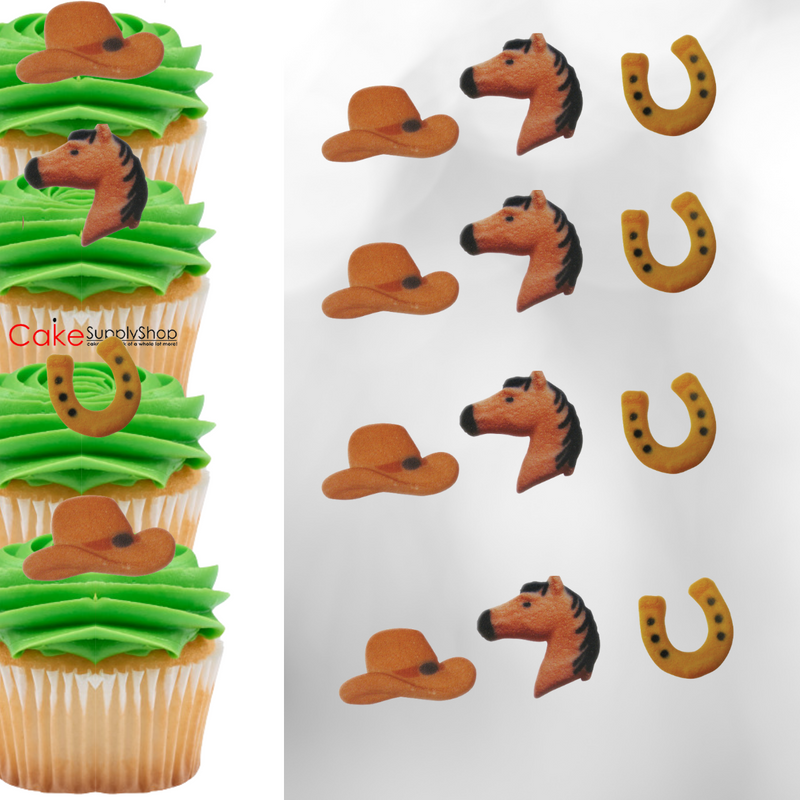 Western Cowboy Shoe Hat Edible Dessert Toppers Cake Cupcake Sugar Icing Decorations -12ct
